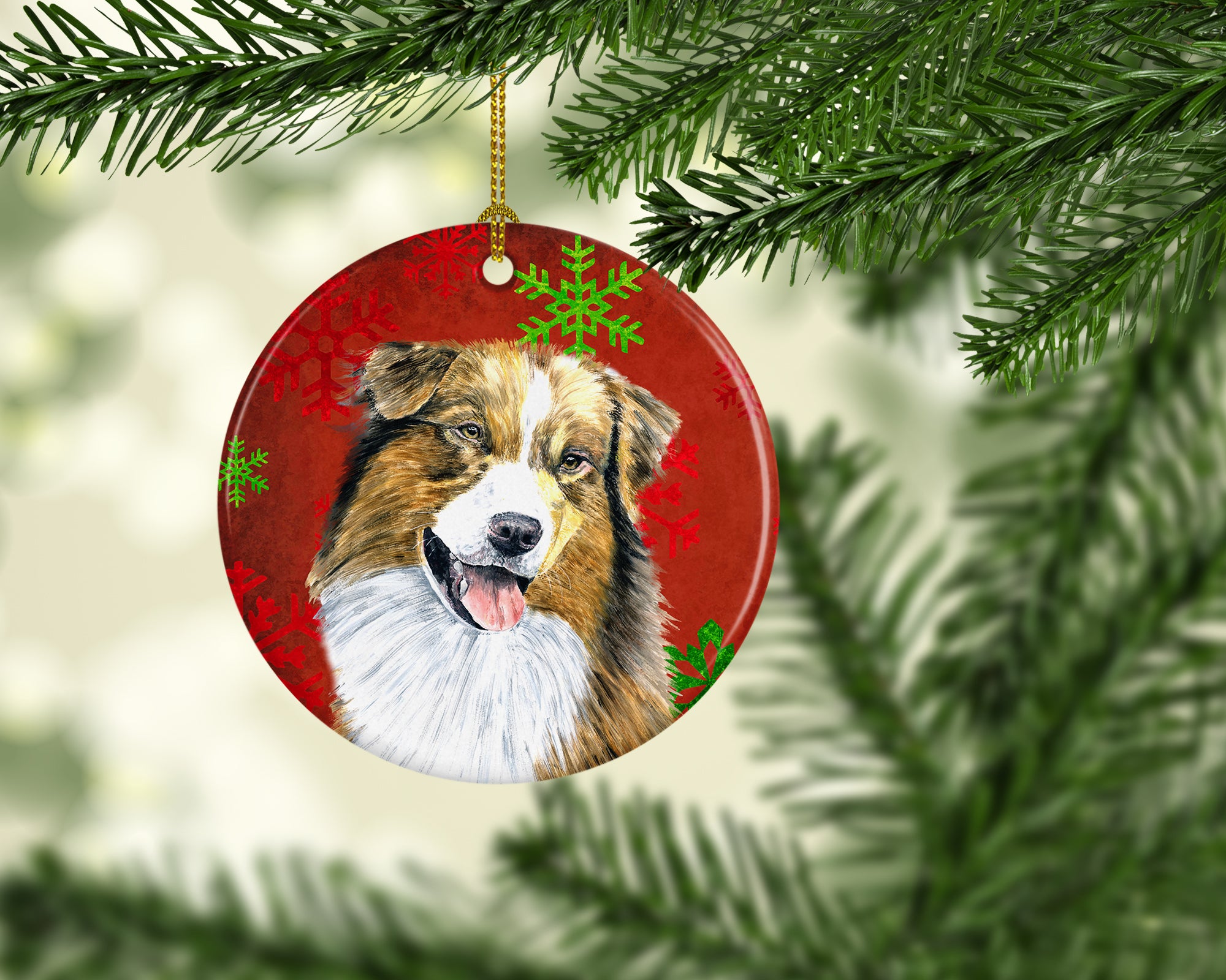 Australian Shepherd Red Snowflakes Holiday Christmas Ceramic Ornament SC9437 - the-store.com