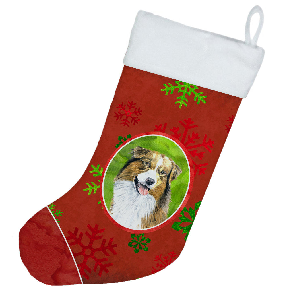 Australian Shepherd Red and Green Snowflakes Holiday  Christmas Stocking SC9437  the-store.com.