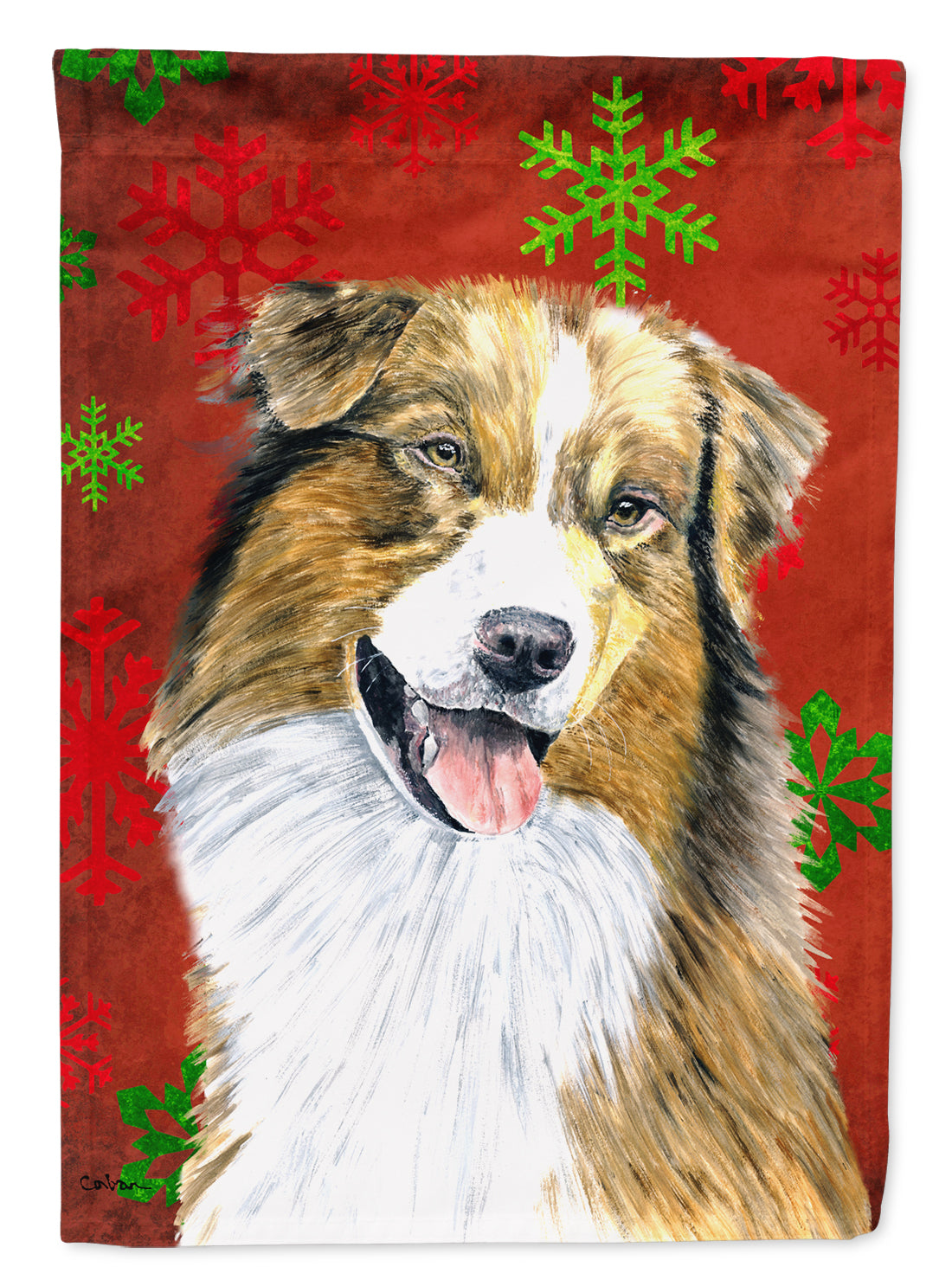 Australian Shepherd Red Green Snowflakes Christmas Flag Garden Size.