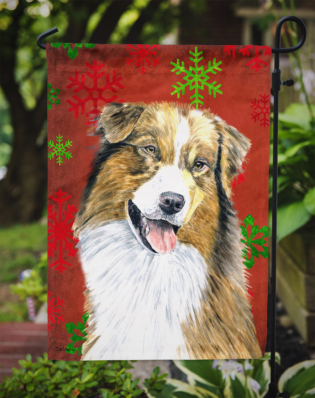 Australian Shepherd Red Green Snowflakes Christmas Flag Garden Size.