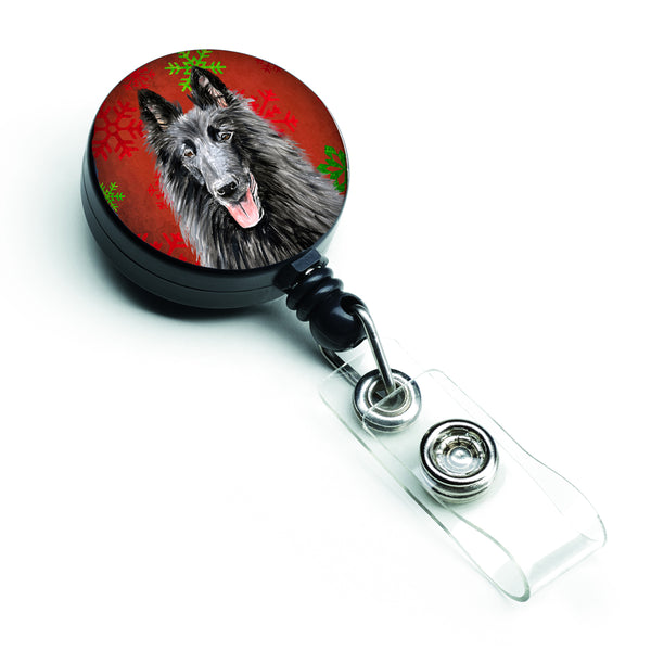 Belgian Sheepdog Red and Green Snowflakes Holiday Christmas Retractable Badge Reel SC9438BR  the-store.com.