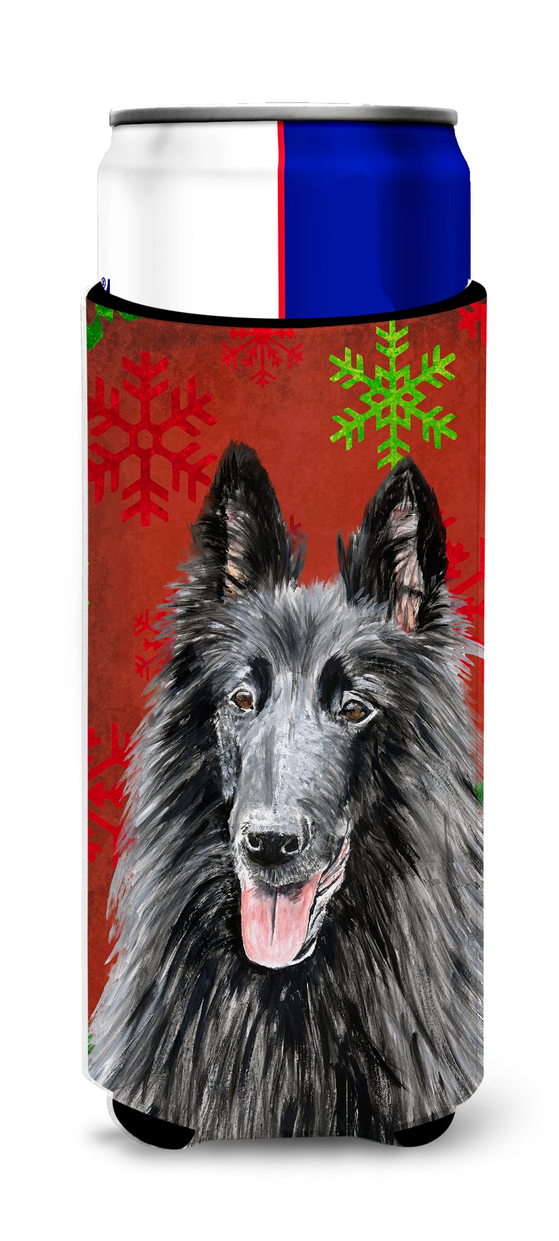 Belgian Sheepdog Red and Green Snowflakes Holiday Christmas Ultra Beverage Insulators for slim cans SC9438MUK.