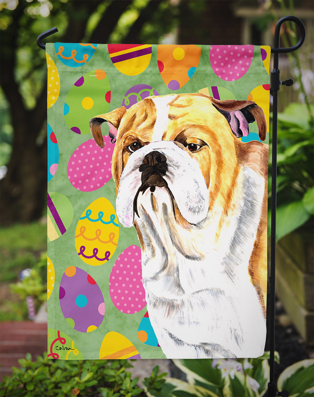 Bulldog English Easter Eggtravaganza Flag Garden Size  the-store.com.