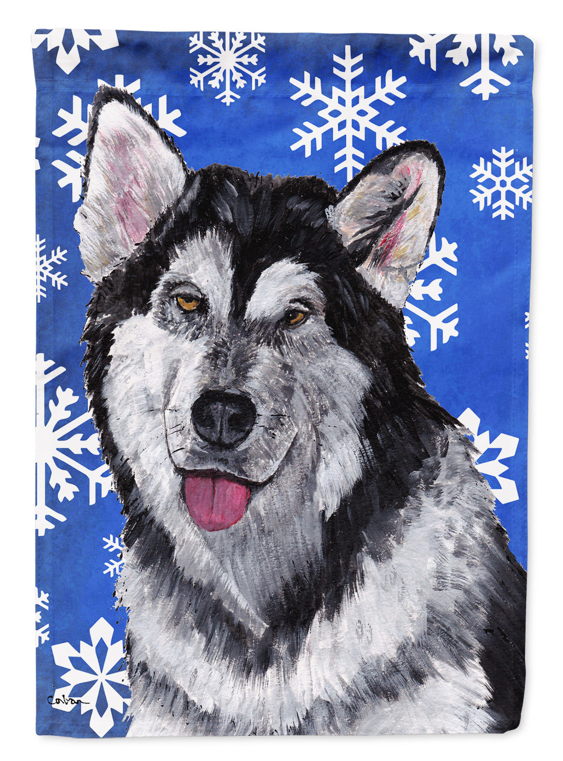 Alaskan Malamute Winter Snowflakes Holiday Flag Canvas House Size SC9491CHF  the-store.com.