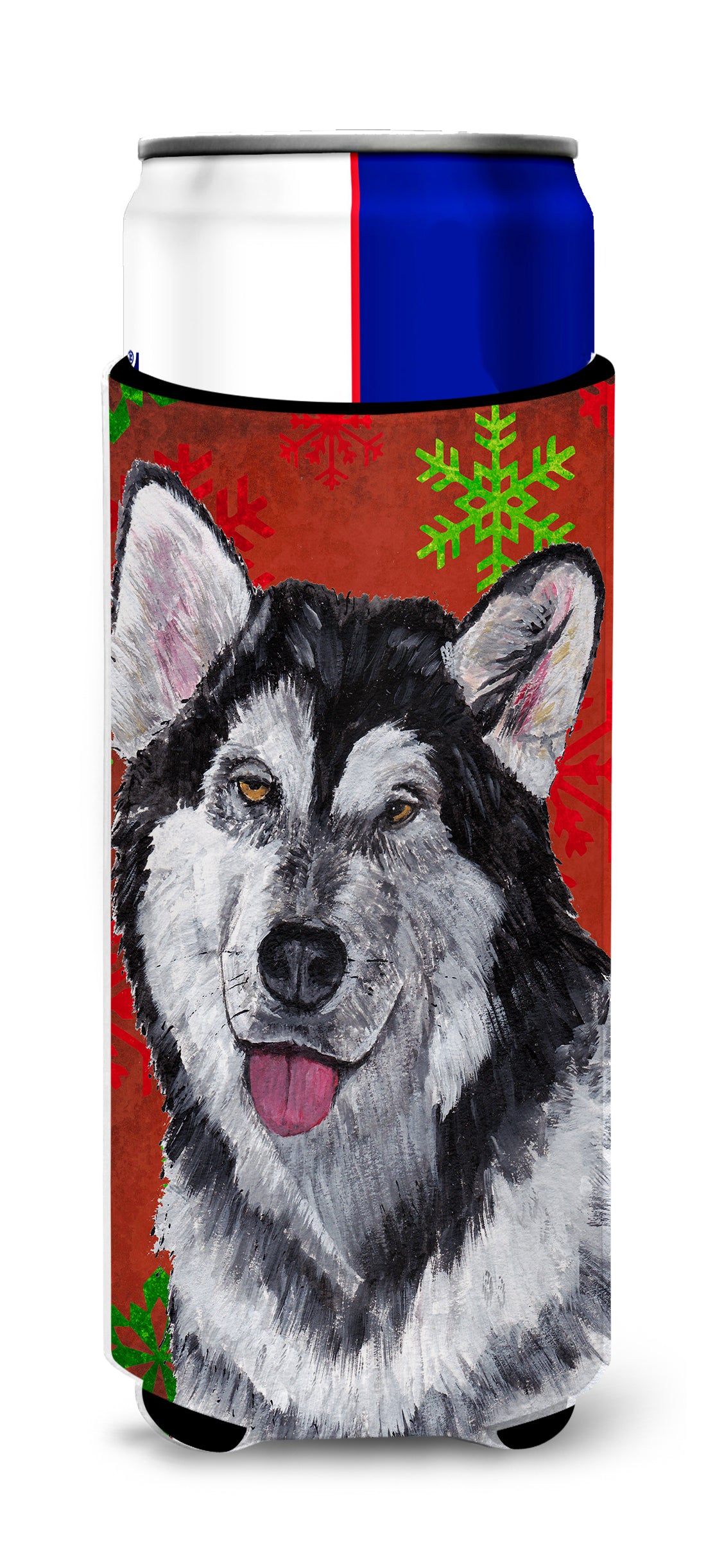 Alaskan Malamute Red Snowflakes Holiday Christmas  Ultra Beverage Insulators for slim cans SC9492MUK.