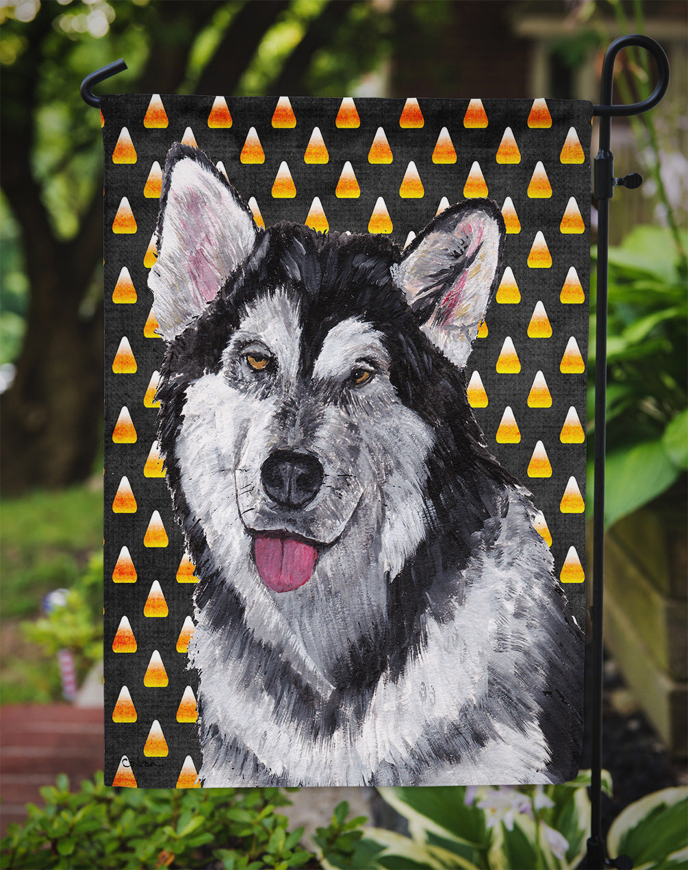 Alaskan Malamute Candy Corn Halloween Flag Garden Size SC9496GF  the-store.com.