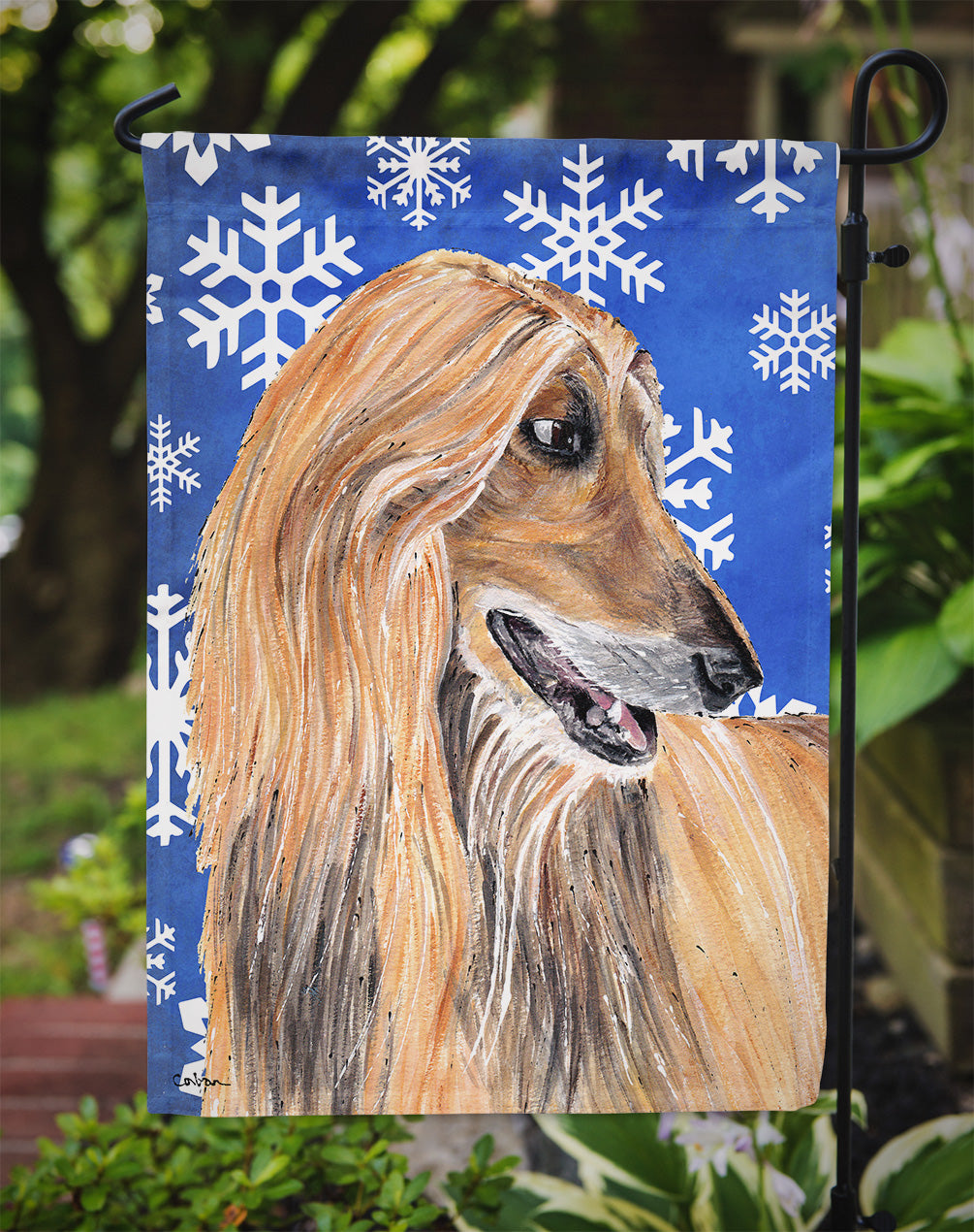 Afghan Hound Winter Snowflakes Holiday Flag Garden Size SC9499GF  the-store.com.