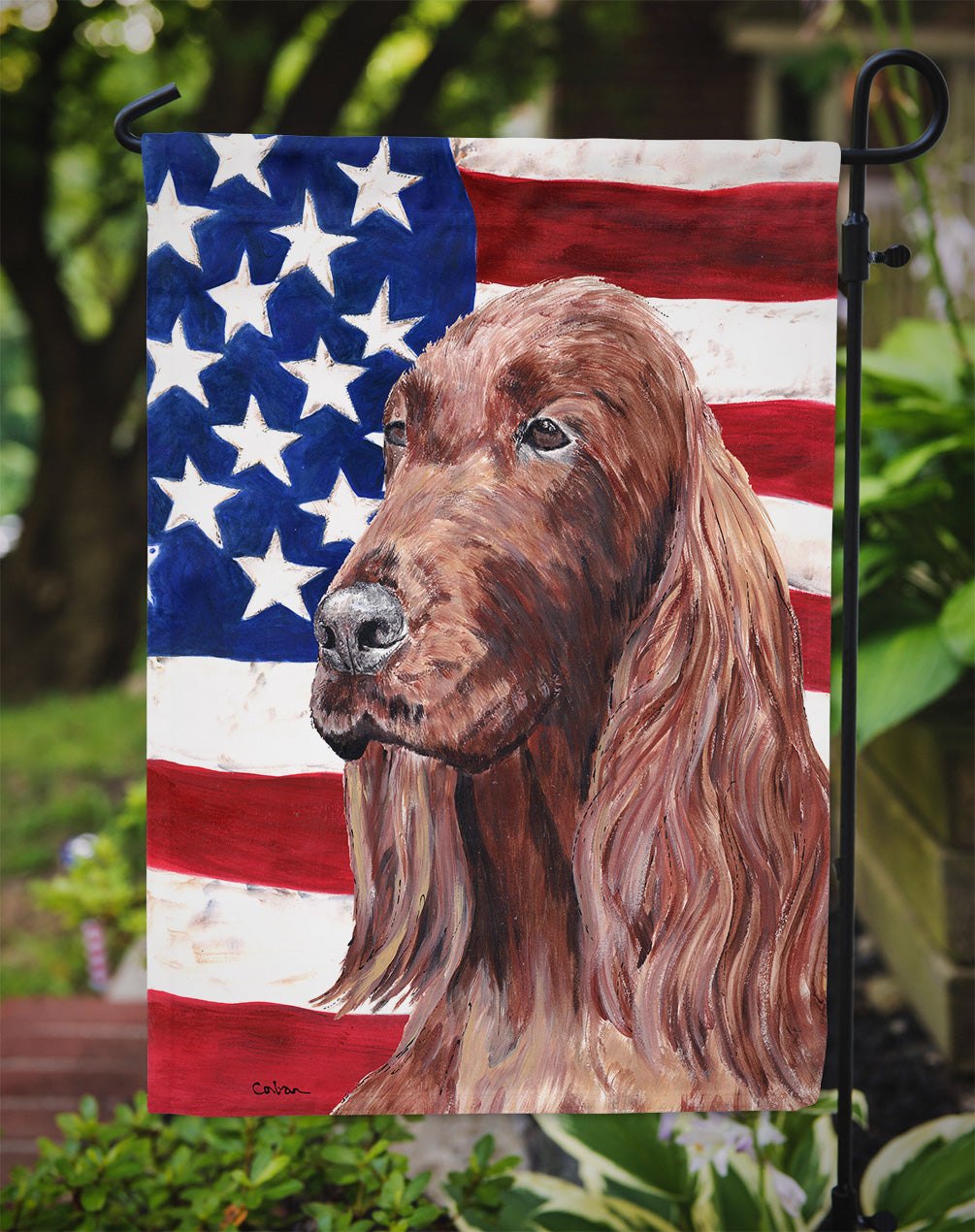 Irish Setter USA American Flag Flag Garden Size.