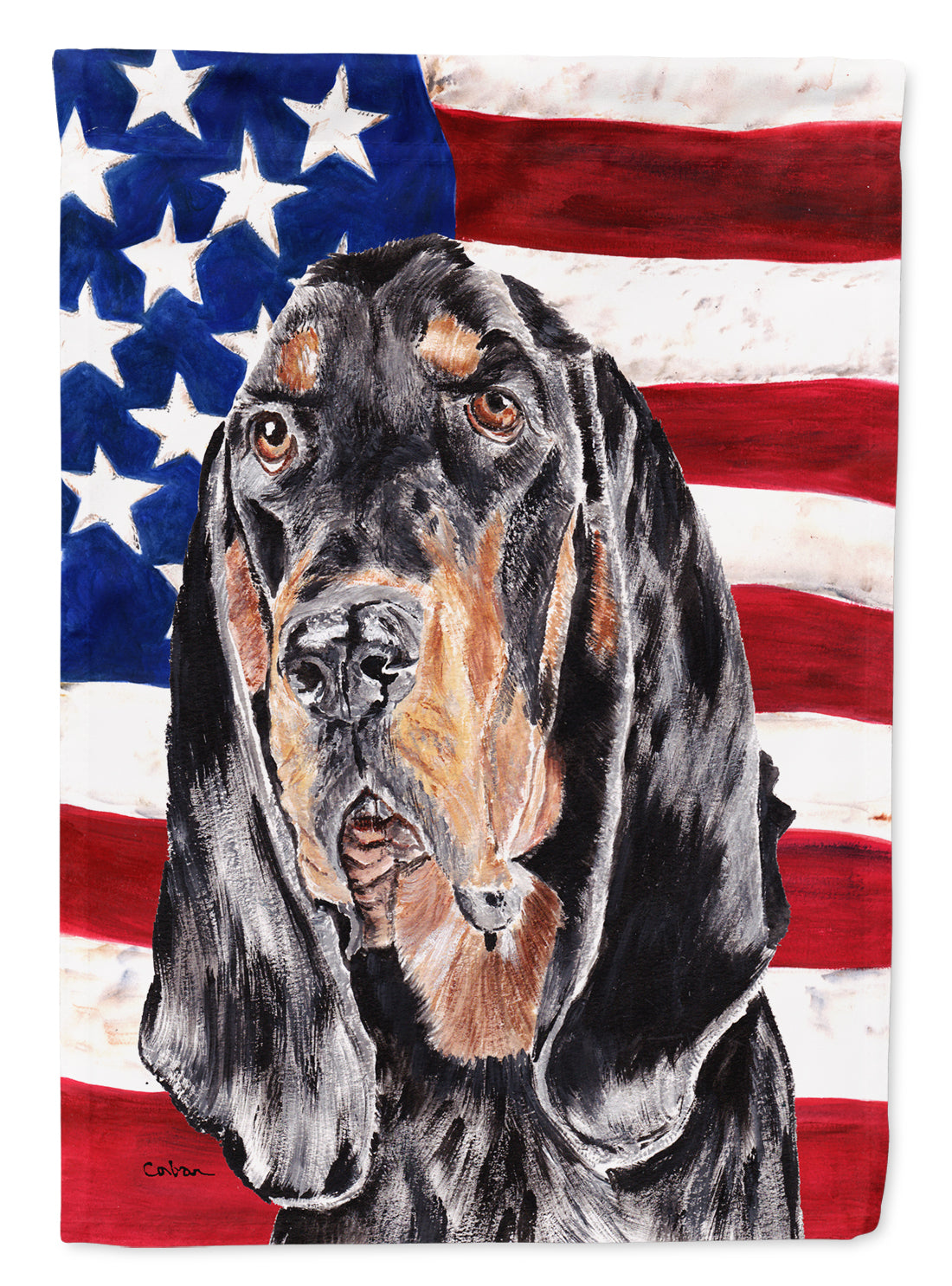 Coonhound Black and Tan USA American Flag Flag Canvas House Size  the-store.com.