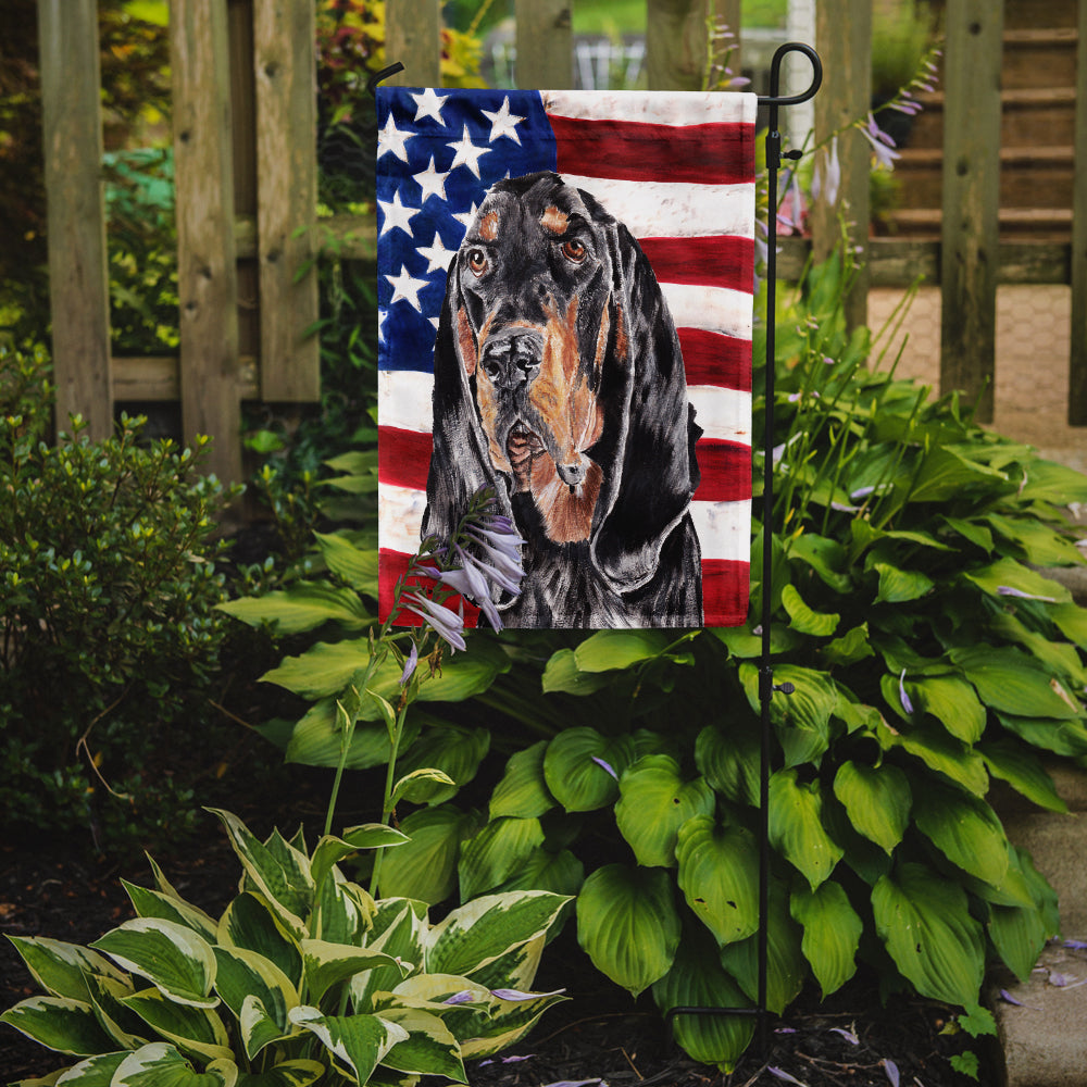 Coonhound Black and Tan USA American Flag Flag Garden Size.