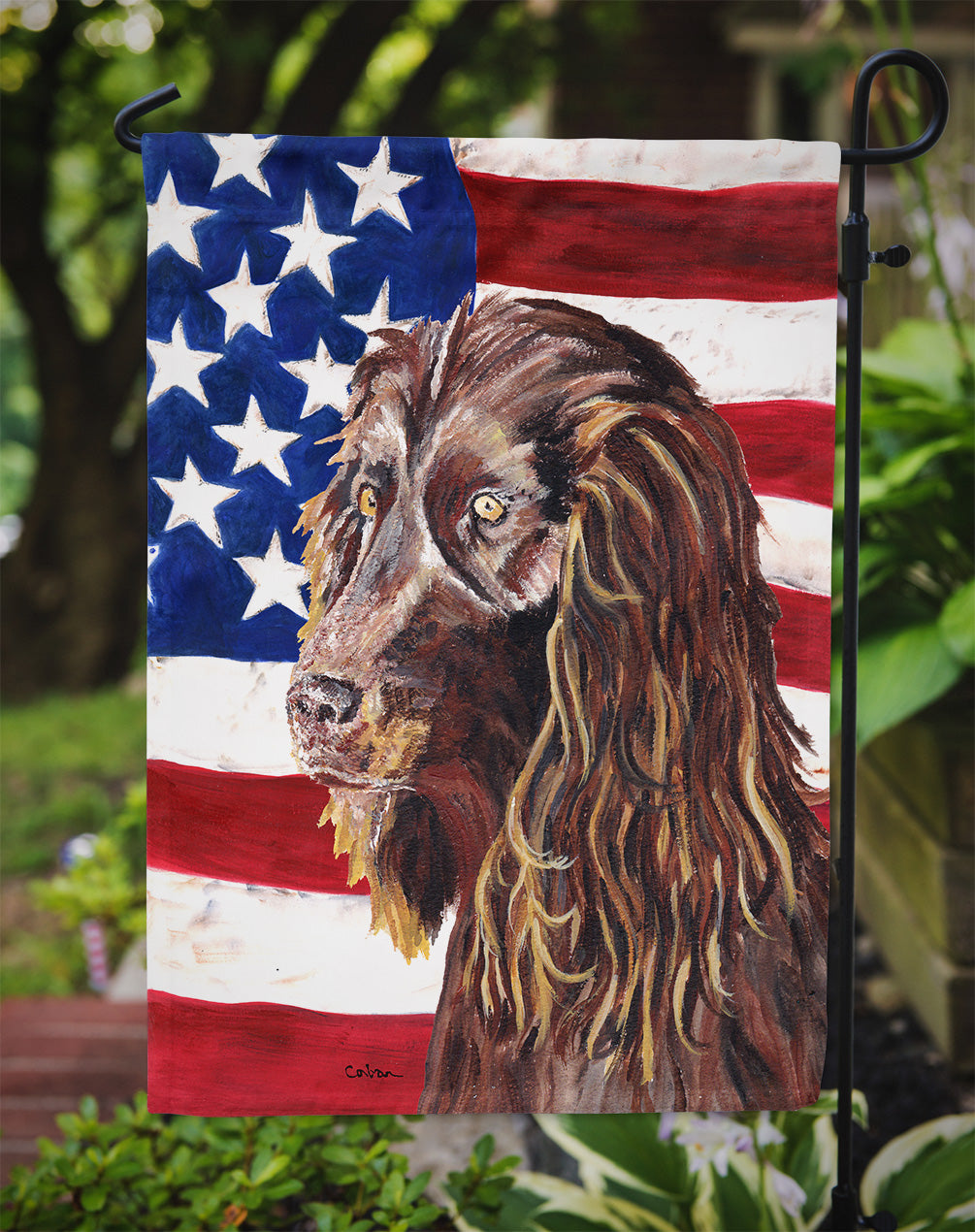 Boykin Spaniel USA American Flag Flag Garden Size.