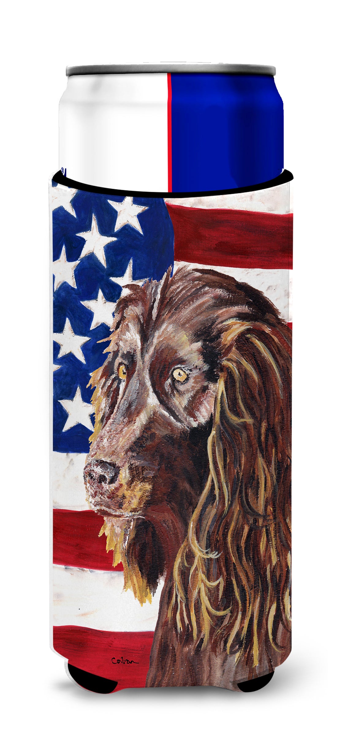 Boykin Spaniel USA American Flag Ultra Beverage Insulators for slim cans.