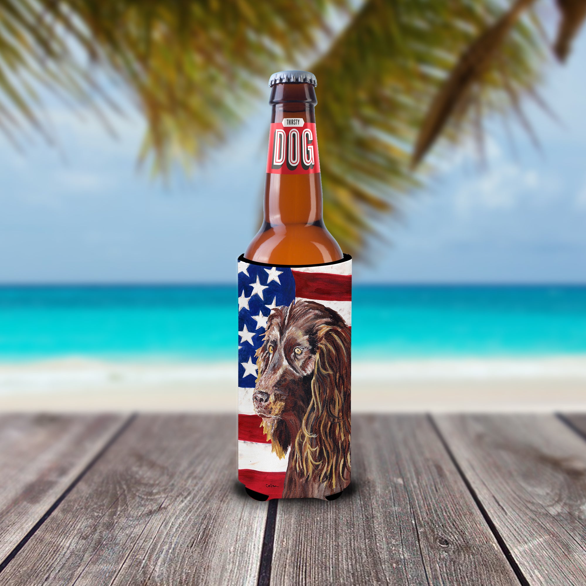 Boykin Spaniel USA American Flag Ultra Beverage Insulators for slim cans.