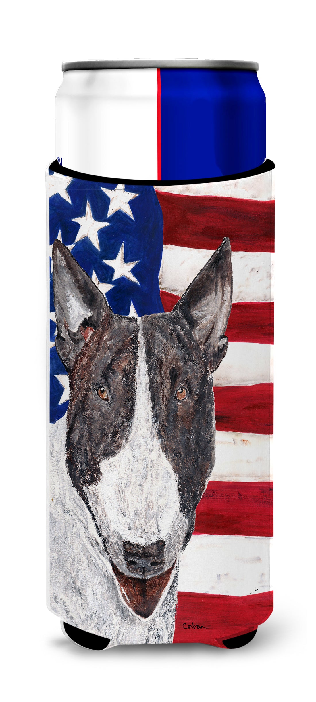 Bull Terrier USA American Flag Ultra Beverage Insulators for slim cans.