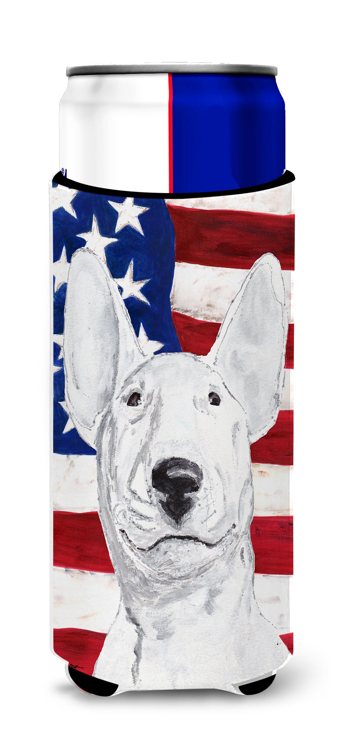 Bull Terrier USA American Flag Ultra Beverage Insulators for slim cans.