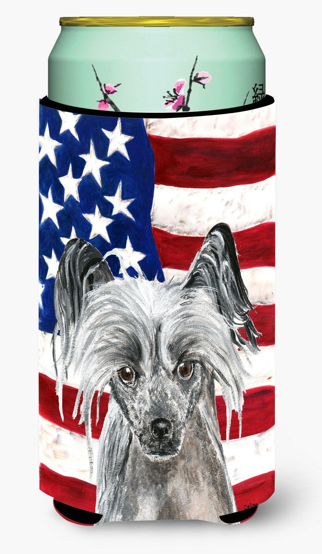 Chinese Crested USA American Flag Tall Boy Beverage Insulator Beverage Insulator Hugger by Caroline&#39;s Treasures