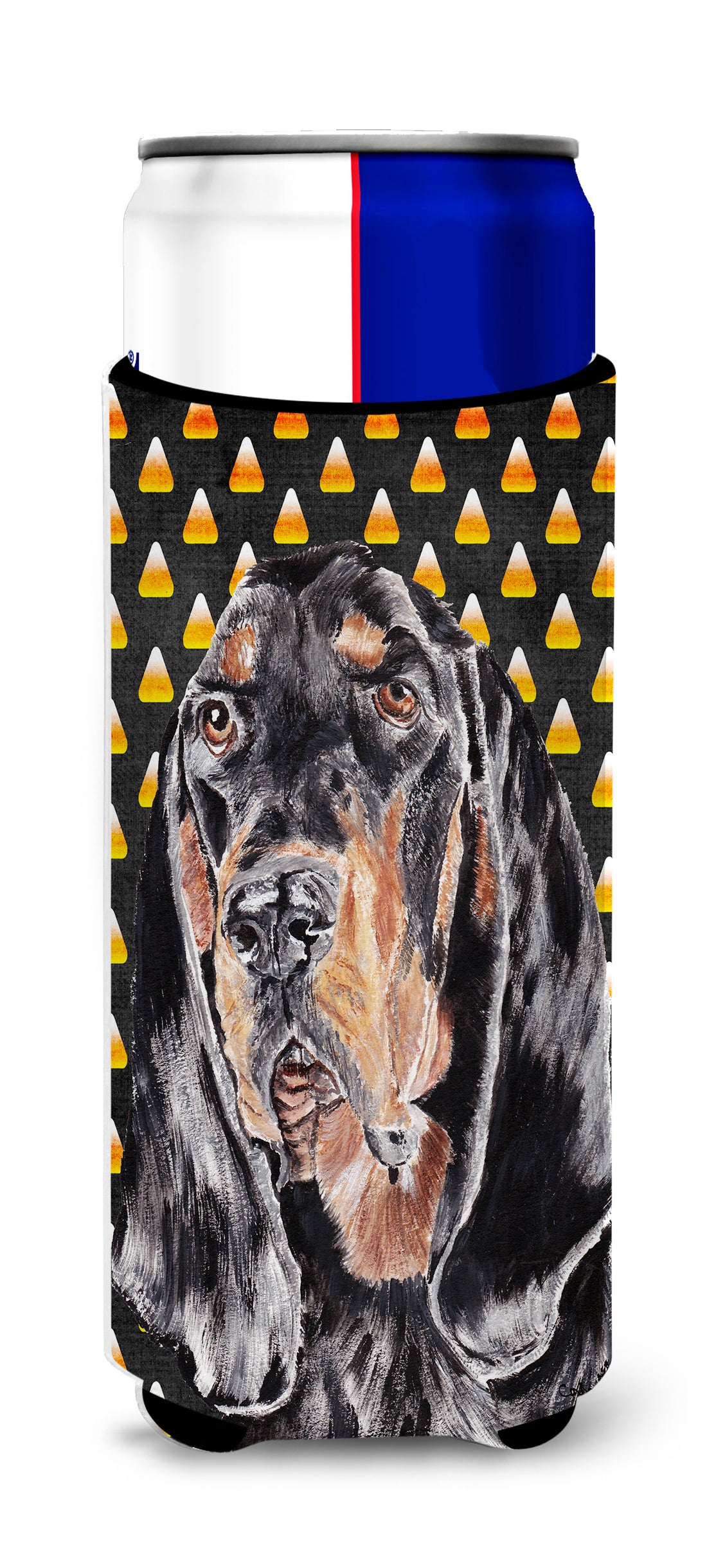 Coonhound Halloween Candy Corn Ultra Beverage Insulators for slim cans.