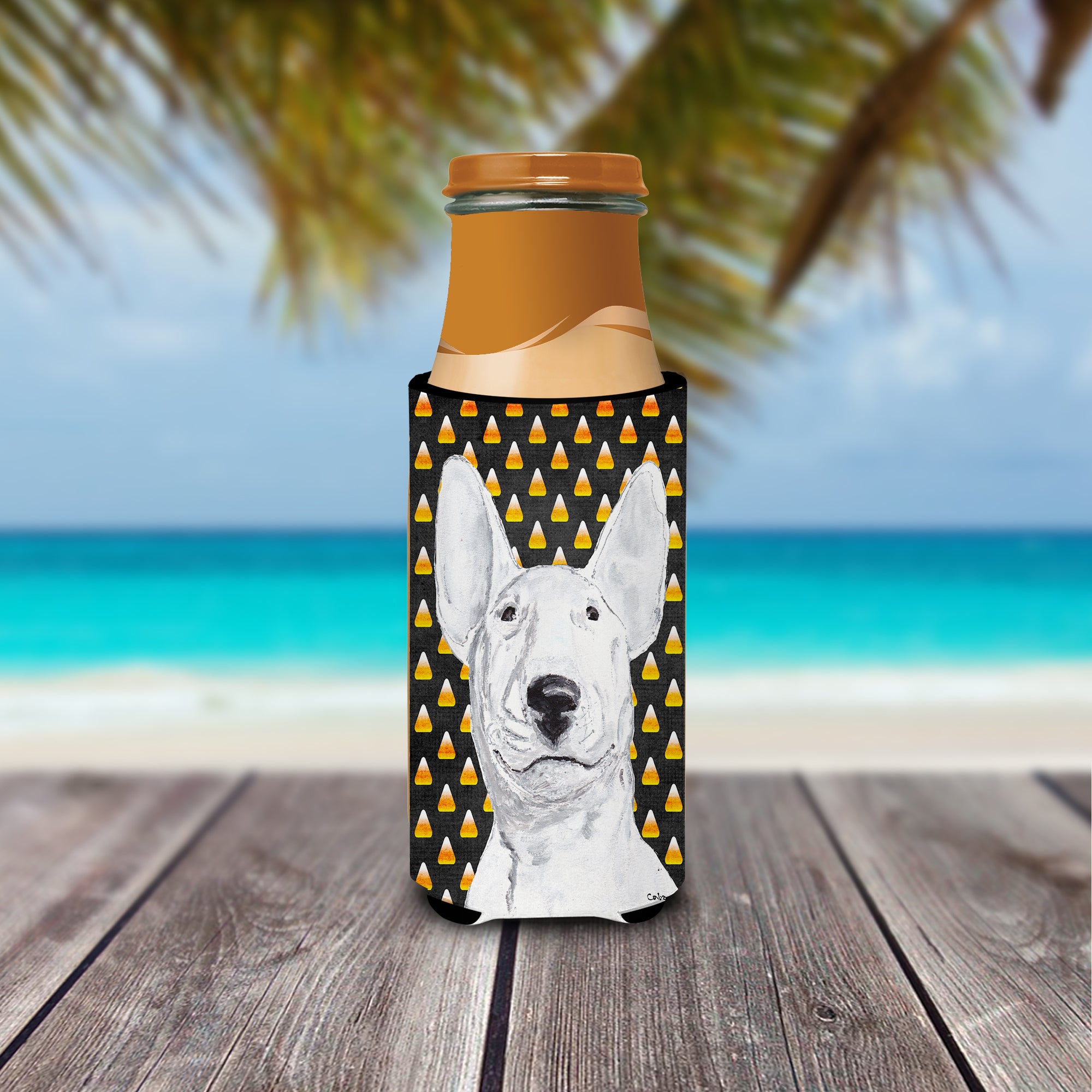 Bull Terrier Halloween Candy Corn Ultra Beverage Insulators for slim cans.