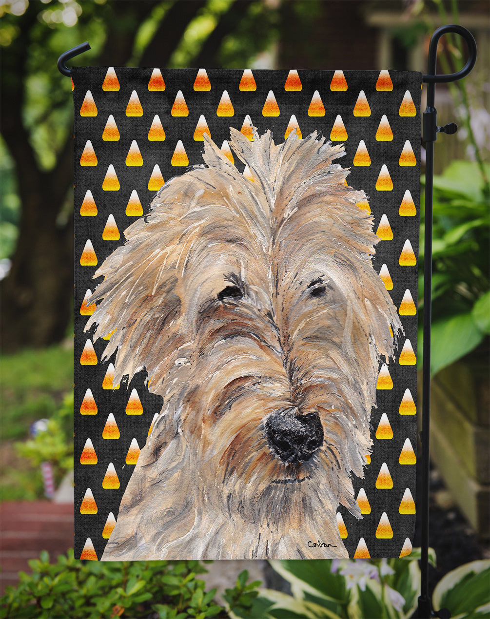 Goldendoodle Halloween Candy Corn Flag Garden Size.