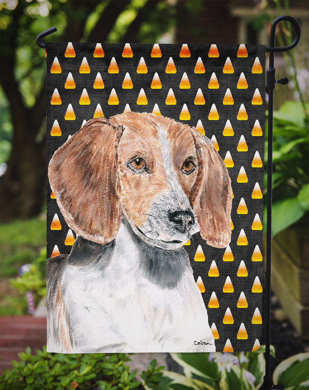 English Foxhound Halloween Candy Corn Flag Garden Size.