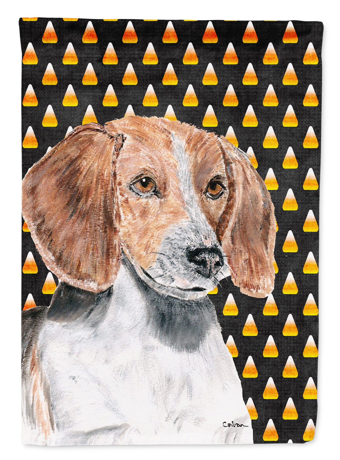 English Foxhound Halloween Candy Corn Flag Garden Size.