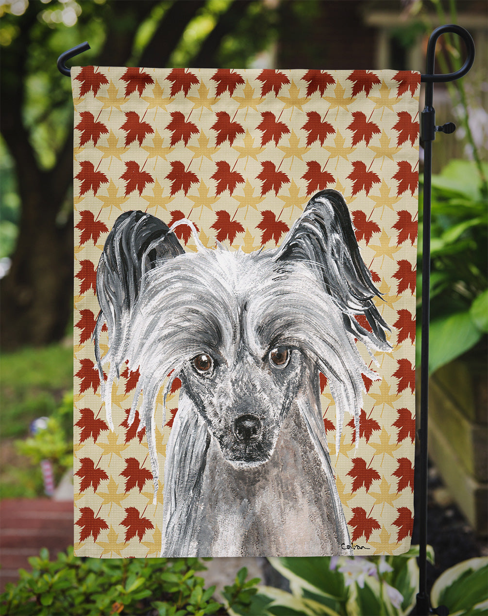 Chinese Crested Fall Leaves Flag Garden Size.