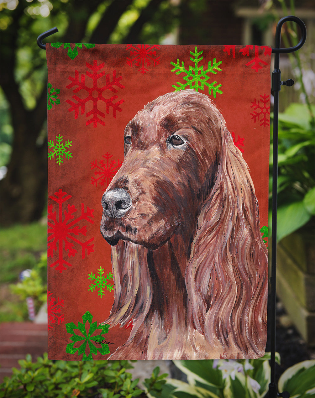 Irish Setter Red Snowflake Christmas Flag Garden Size.