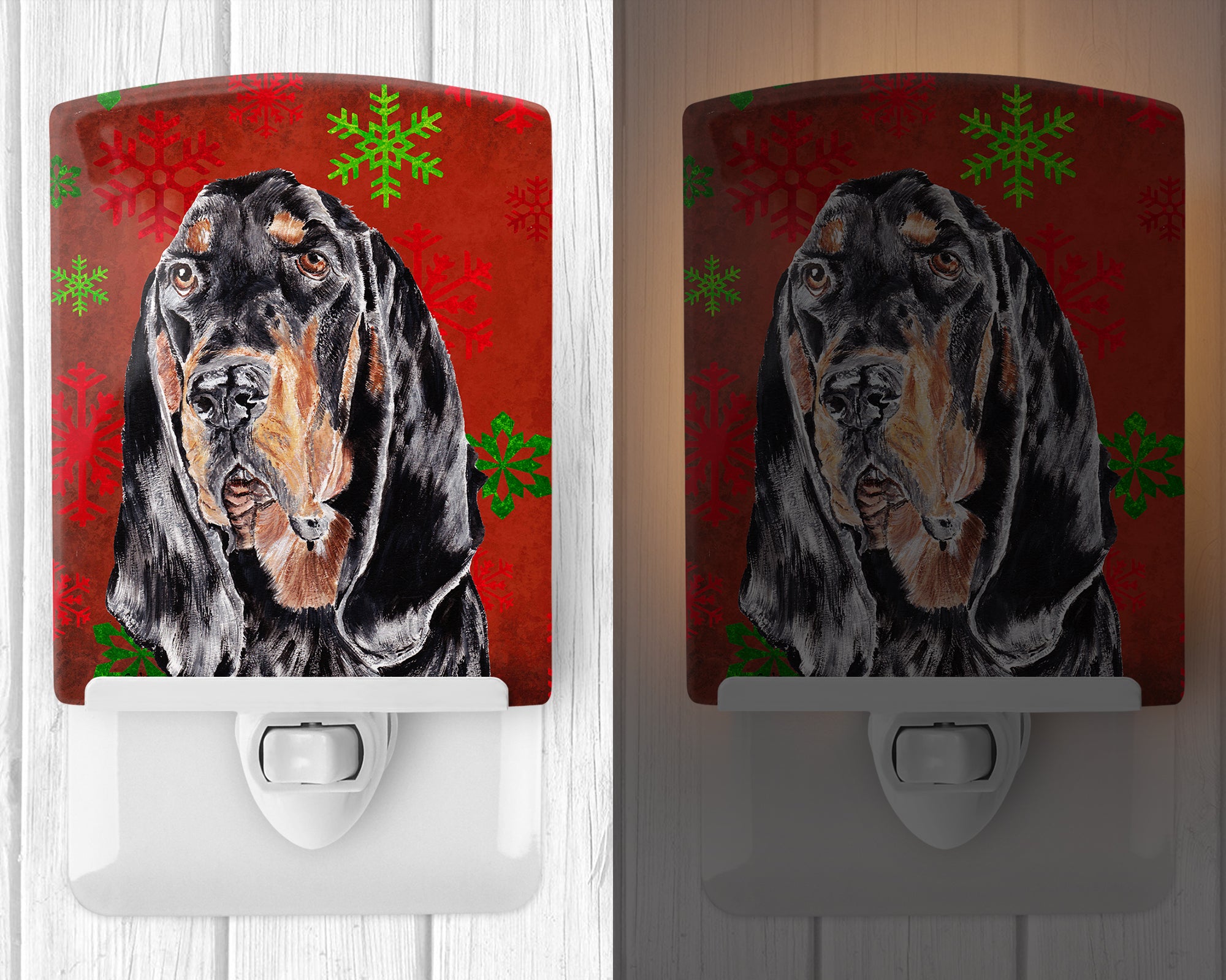 Black and Tan Coonhound Red Snowflakes Holiday Ceramic Night Light SC9581CNL - the-store.com