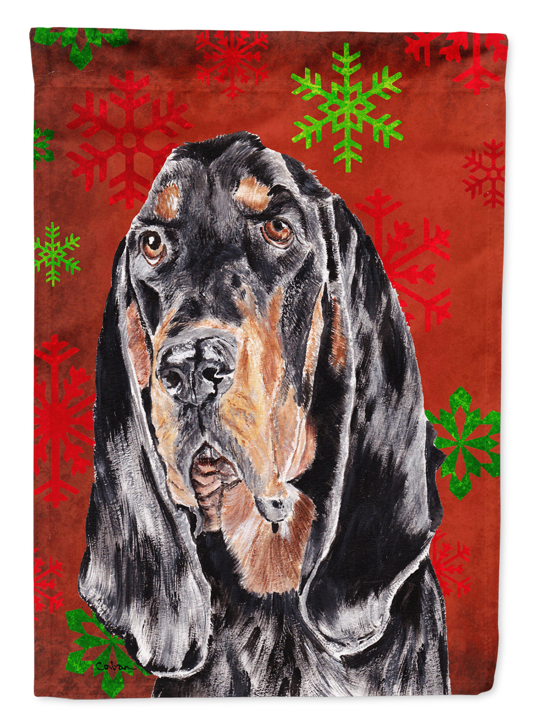 Coonhound Red Snowflake Christmas Flag Garden Size.