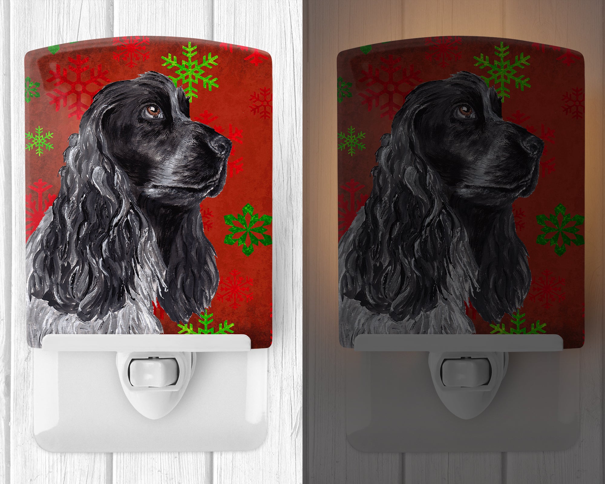 Black Cocker Spaniel Red Snowflakes Holiday Ceramic Night Light SC9582CNL - the-store.com