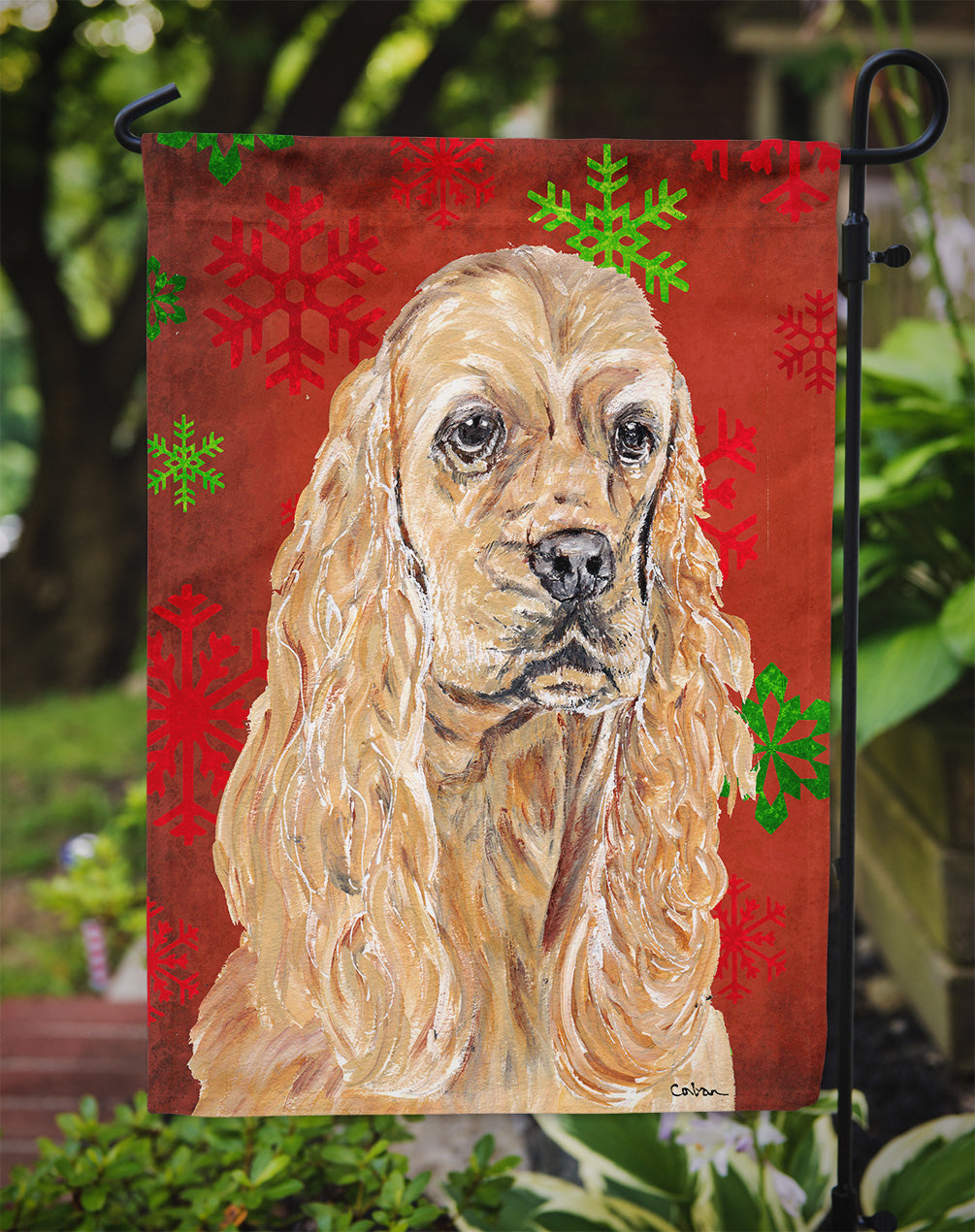 Cocker Spaniel Red Snowflake Christmas Flag Garden Size.