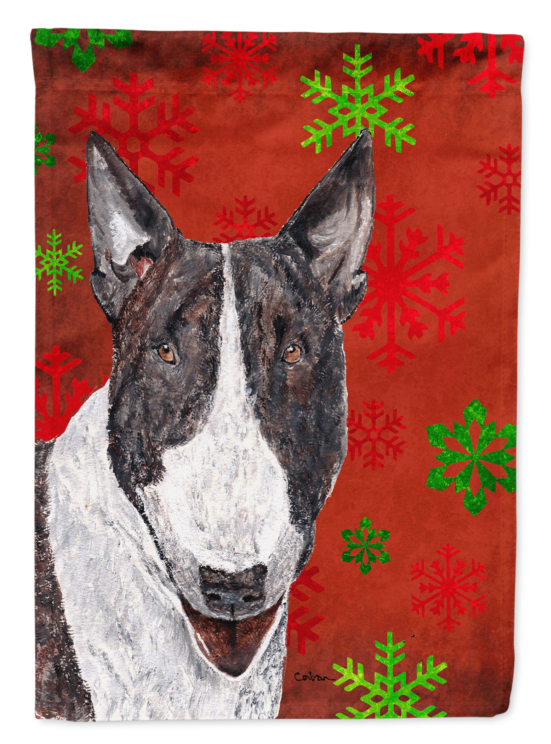 Bull Terrier Red Snowflake Christmas Flag Canvas House Size  the-store.com.