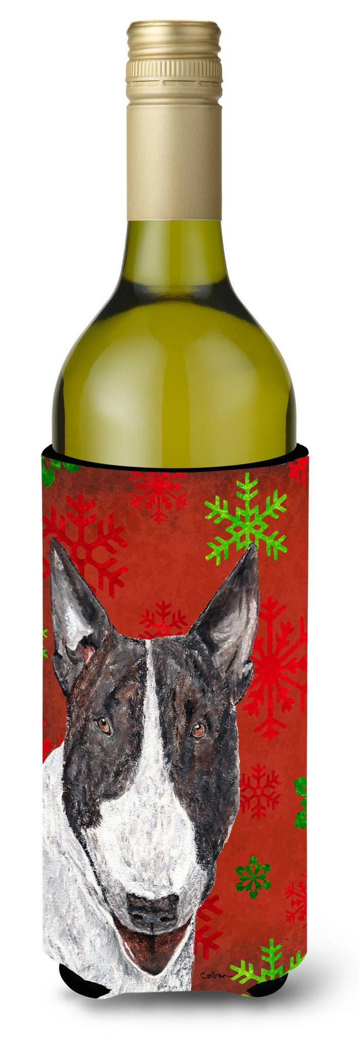 Bull Terrier Red Snowflake Christmas Wine Bottle Beverage Insulator Beverage Insulator Hugger by Caroline's Treasures