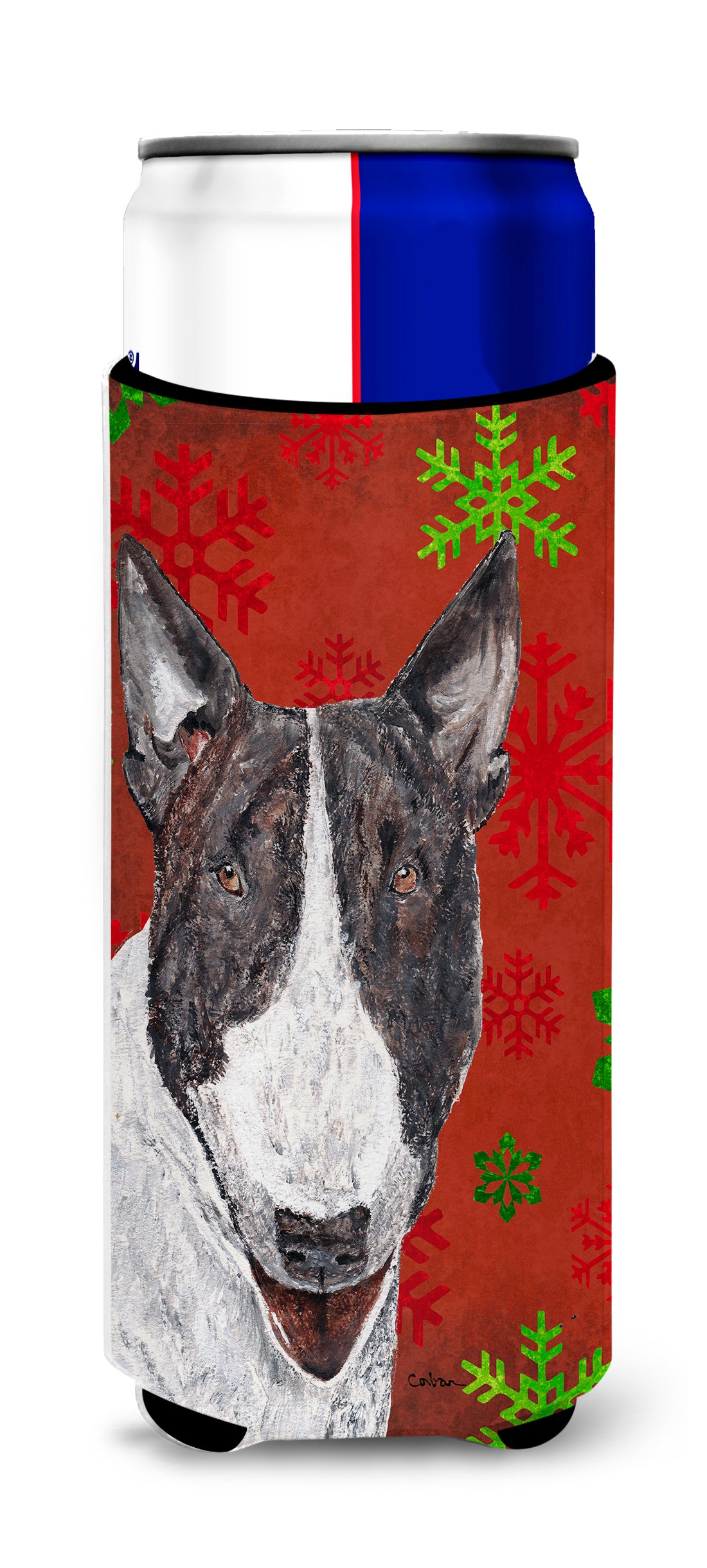 Bull Terrier Red Snowflake Christmas Ultra Beverage Insulators for slim cans.