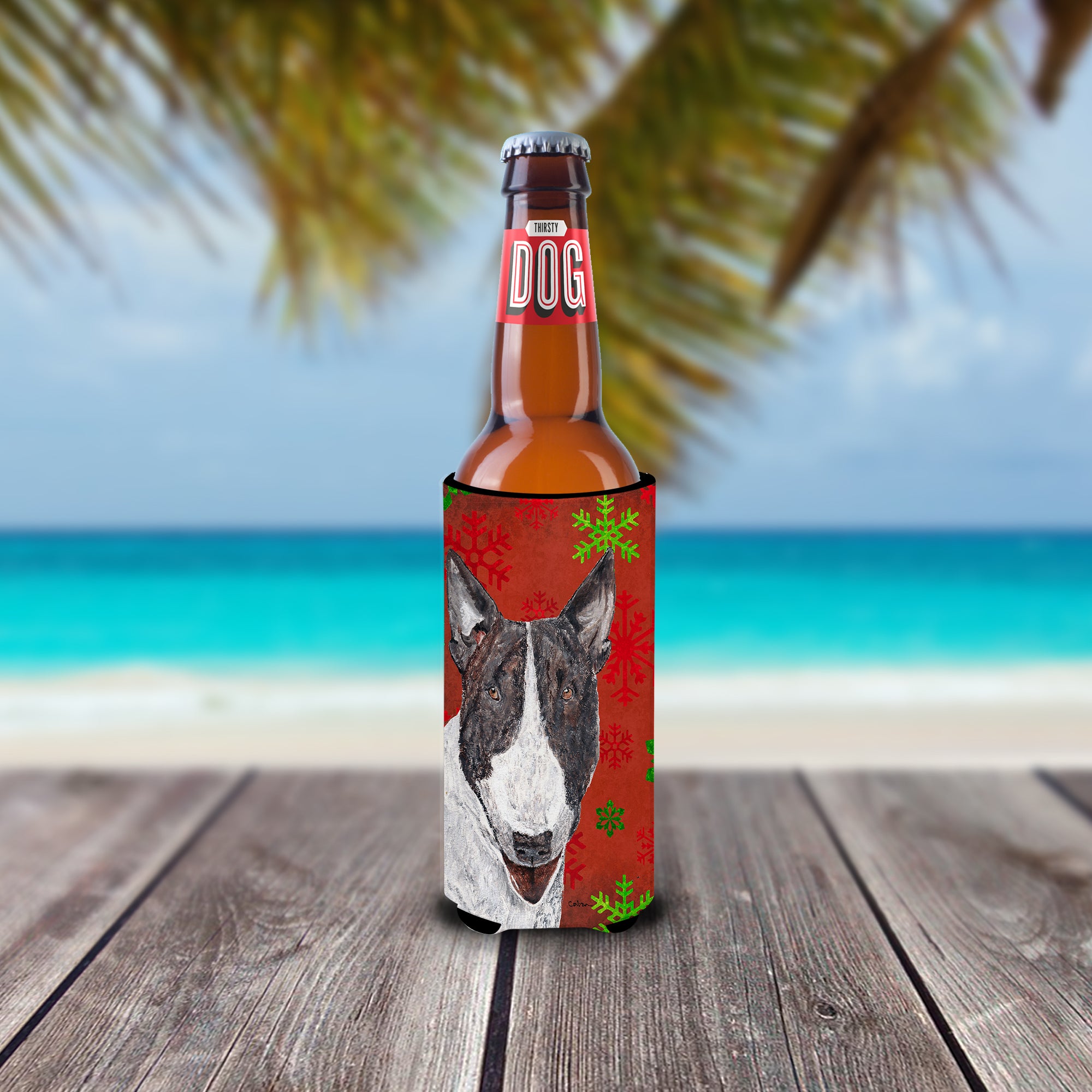 Bull Terrier Red Snowflake Christmas Ultra Beverage Insulators for slim cans.