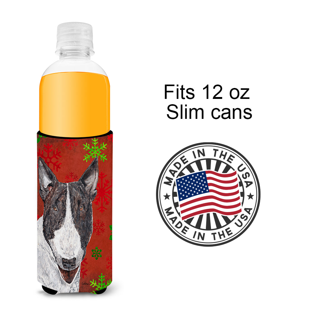 Bull Terrier Red Snowflake Christmas Ultra Beverage Insulators for slim cans.