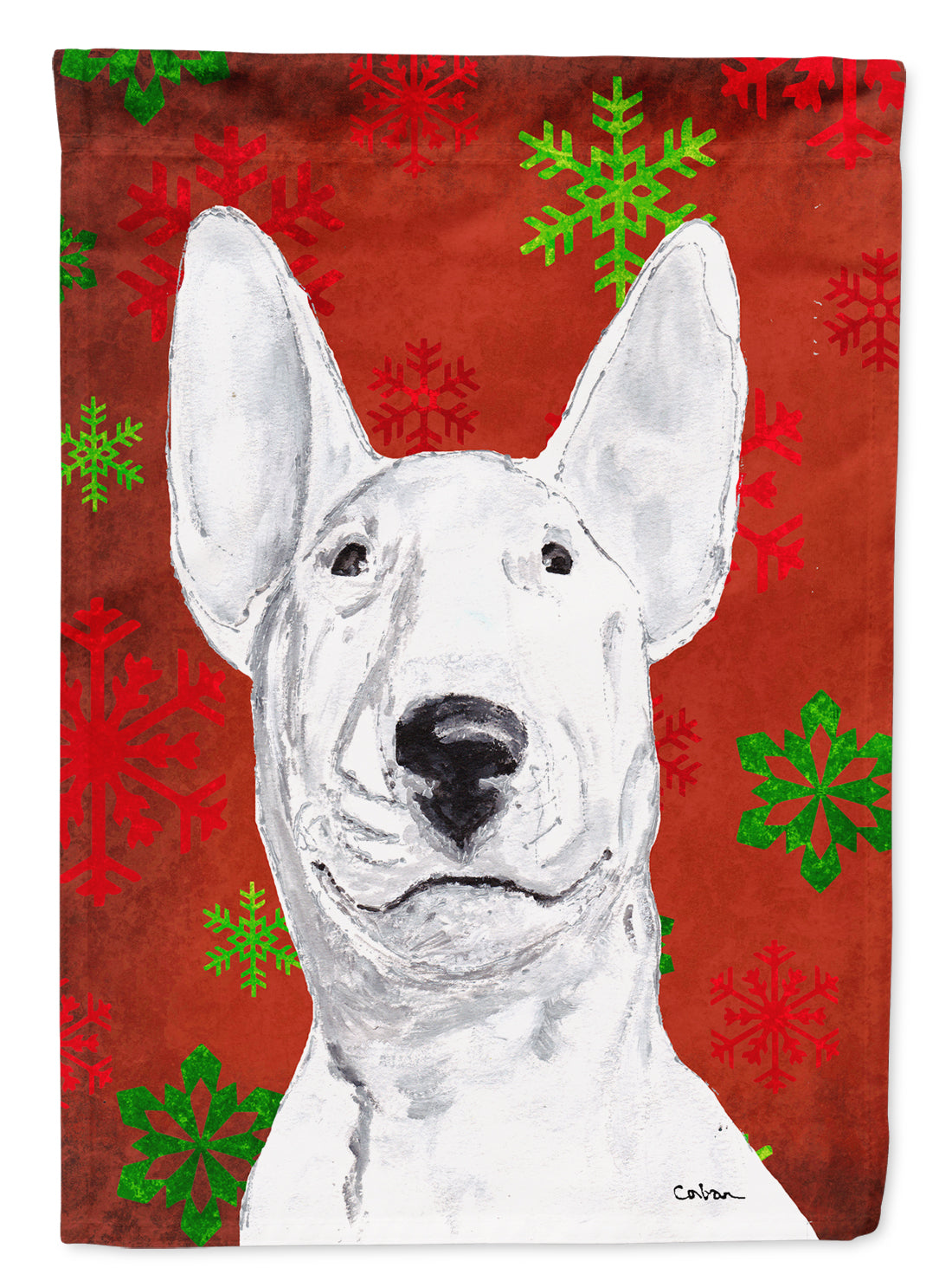 Bull Terrier Red Snowflake Christmas Flag Garden Size.