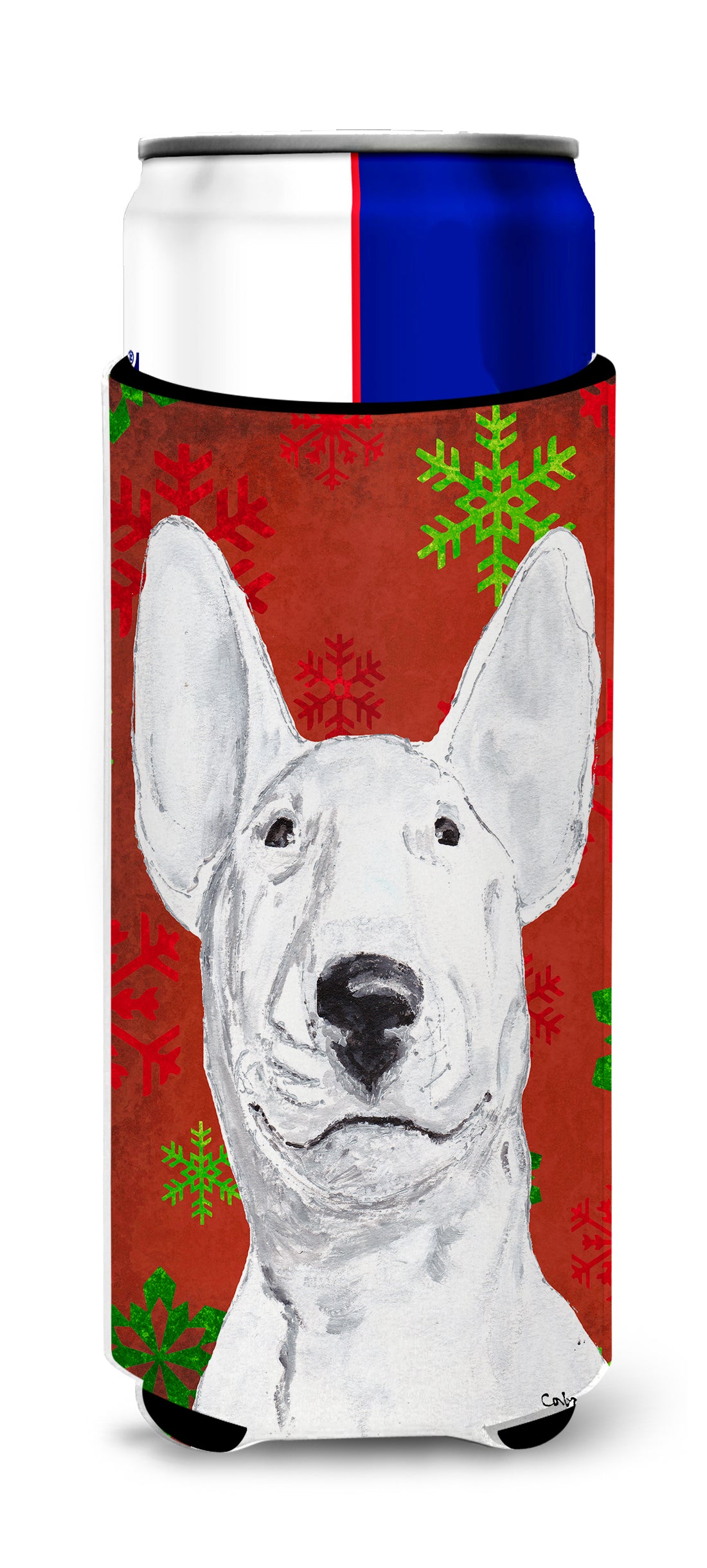 Bull Terrier Red Snowflake Christmas Ultra Beverage Insulators for slim cans.