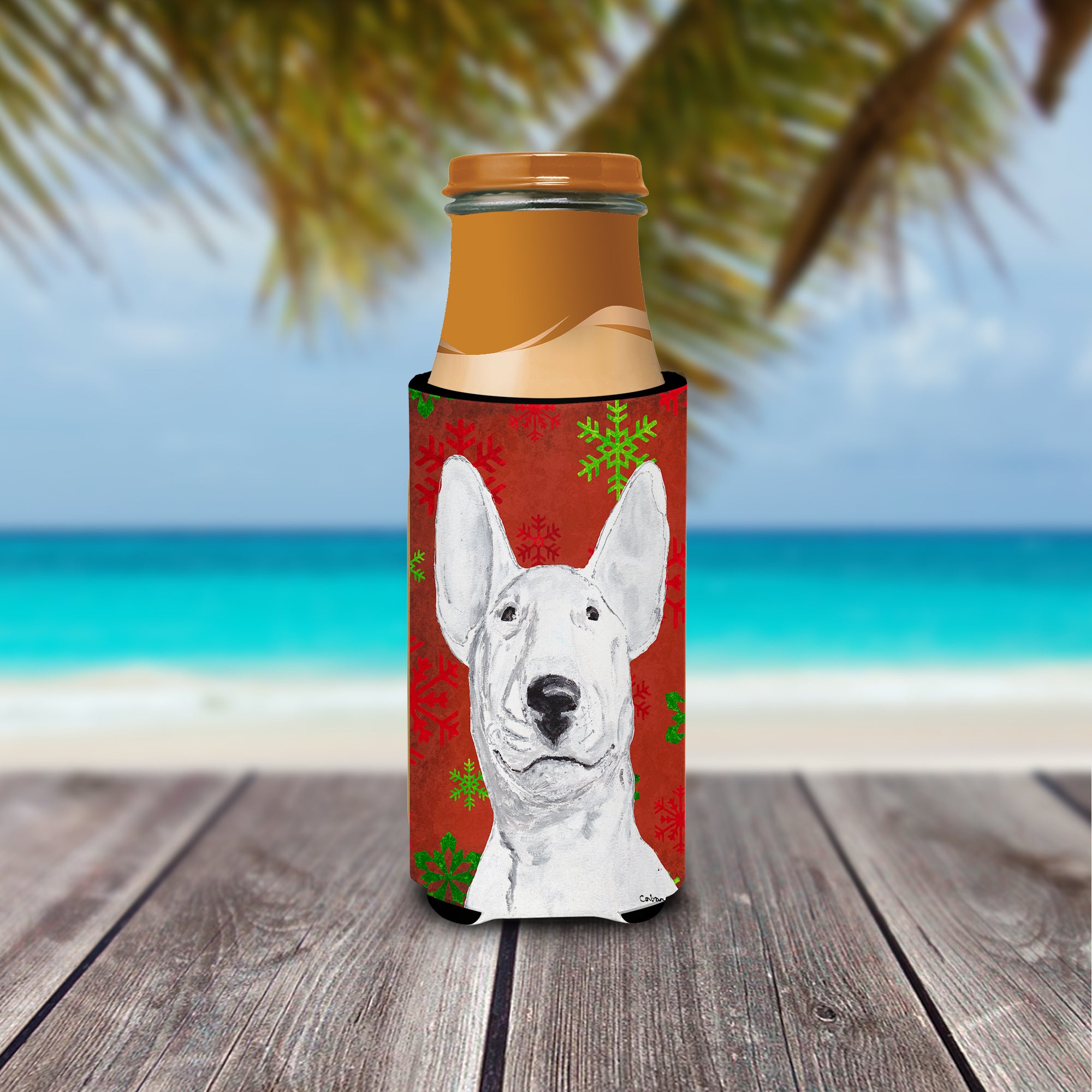 Bull Terrier Red Snowflake Christmas Ultra Beverage Insulators for slim cans.