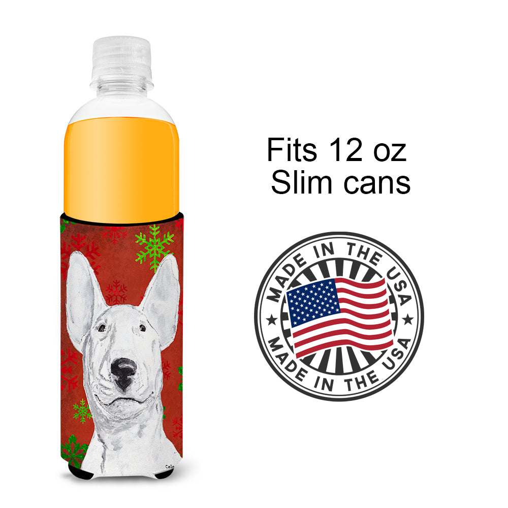 Bull Terrier Red Snowflake Christmas Ultra Beverage Insulators for slim cans.