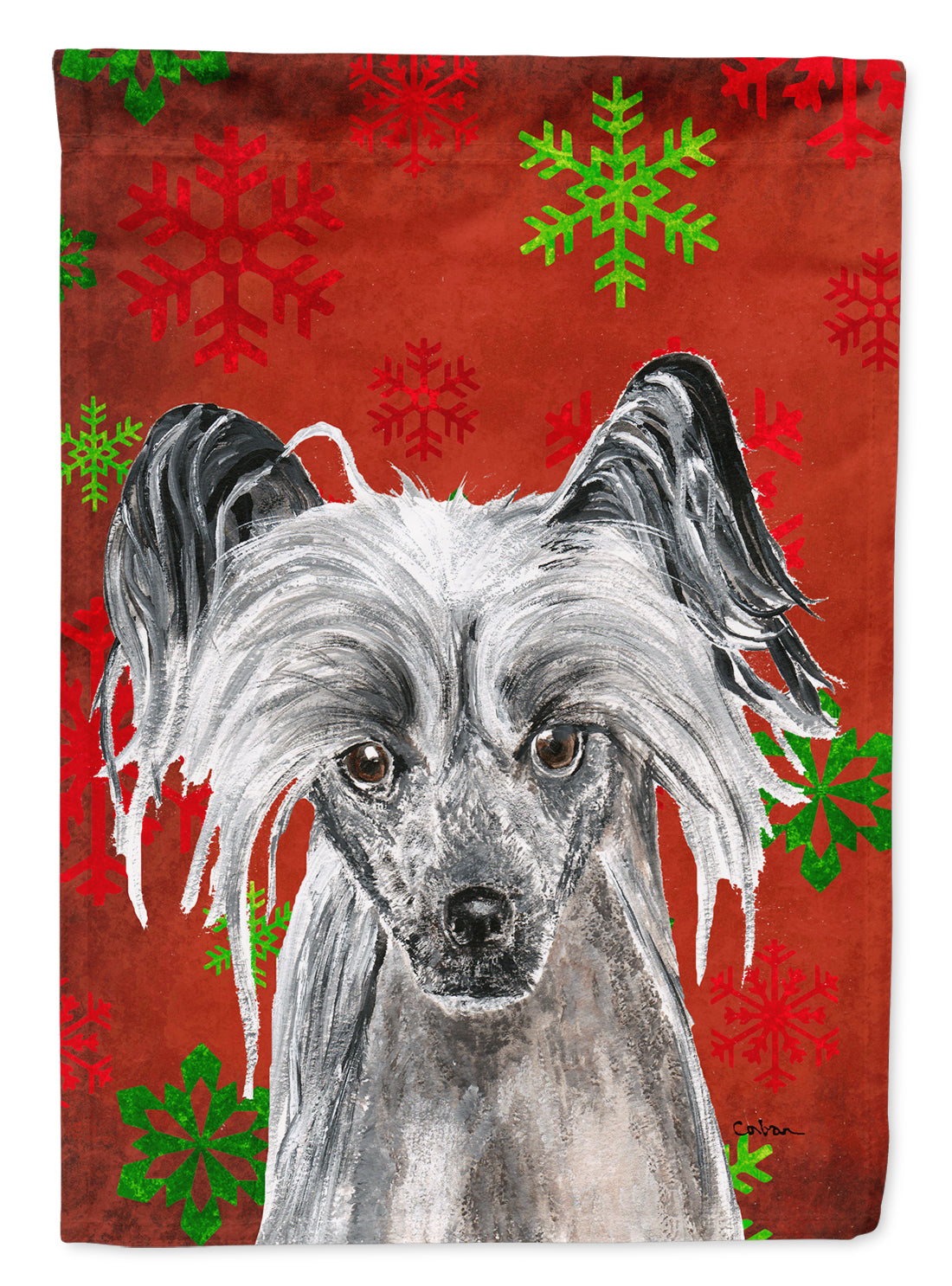 Chinese Crested Red Snowflake Christmas Flag Canvas House Size  the-store.com.