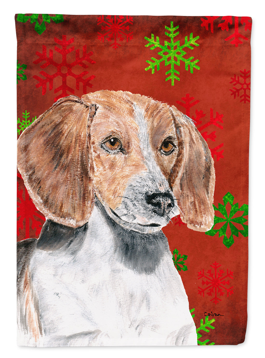 English Foxhound Red Snowflake Christmas Flag Canvas House Size  the-store.com.
