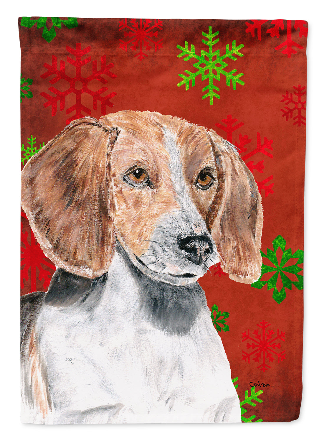 English Foxhound Red Snowflake Christmas Flag Garden Size.