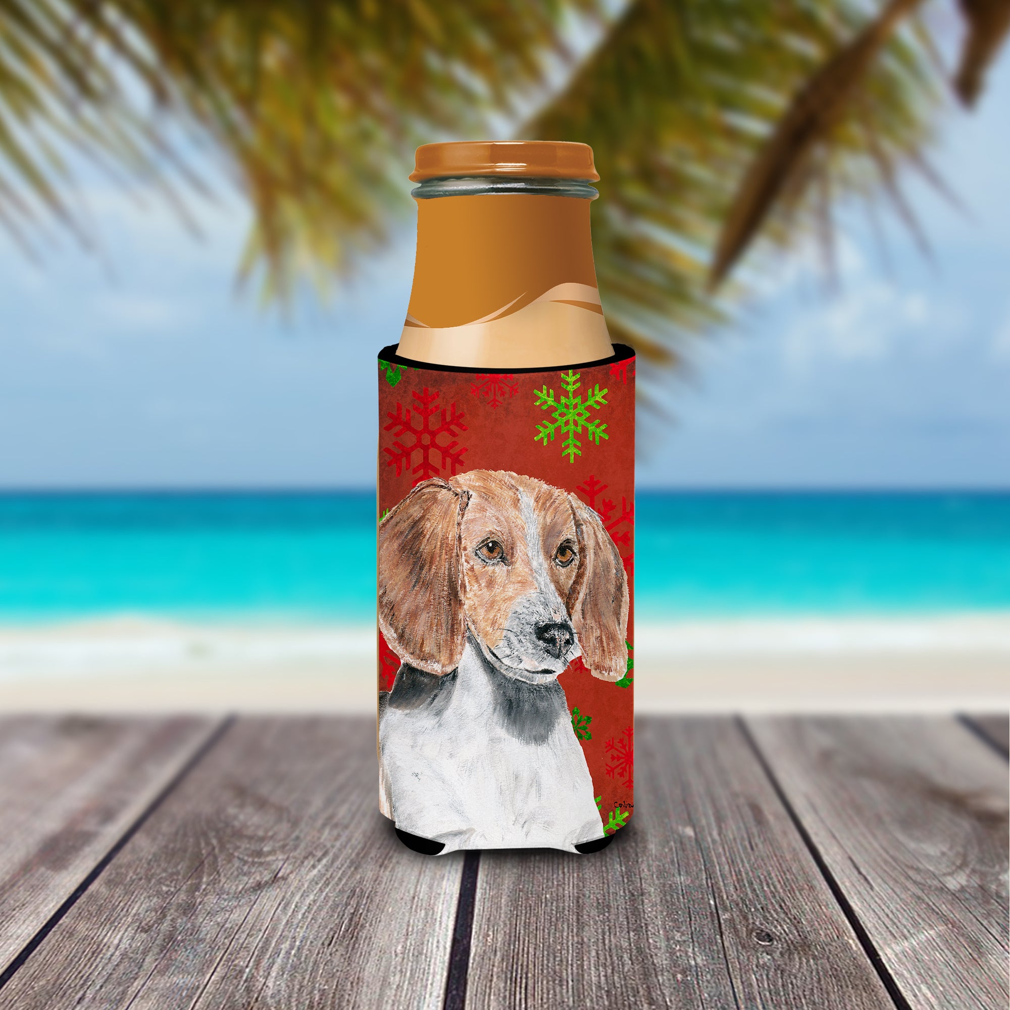 English Foxhound Red Snowflake Christmas Ultra Beverage Insulators for slim cans.