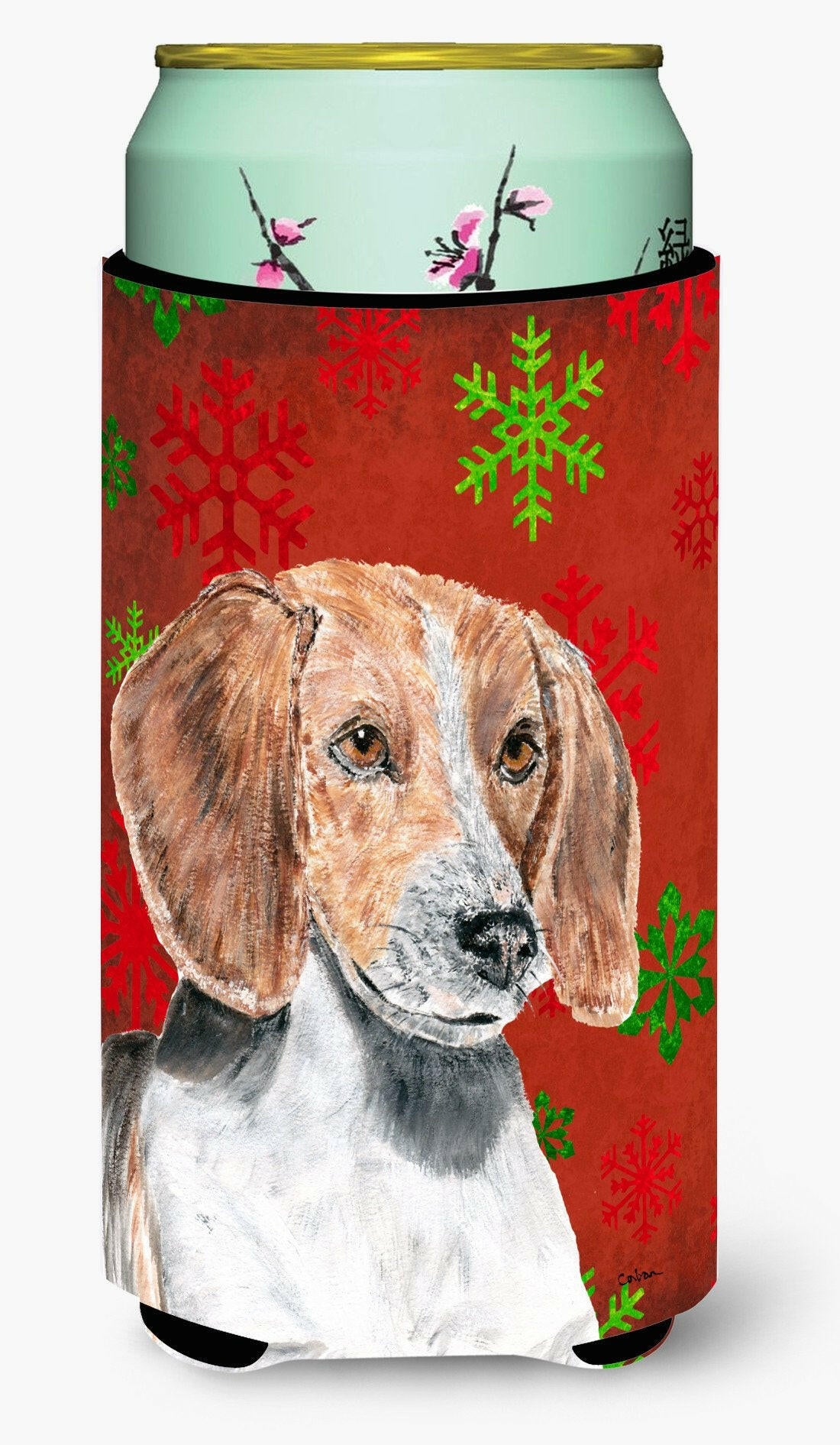 English Foxhound Red Snowflake Christmas Tall Boy Beverage Insulator Beverage Insulator Hugger by Caroline's Treasures