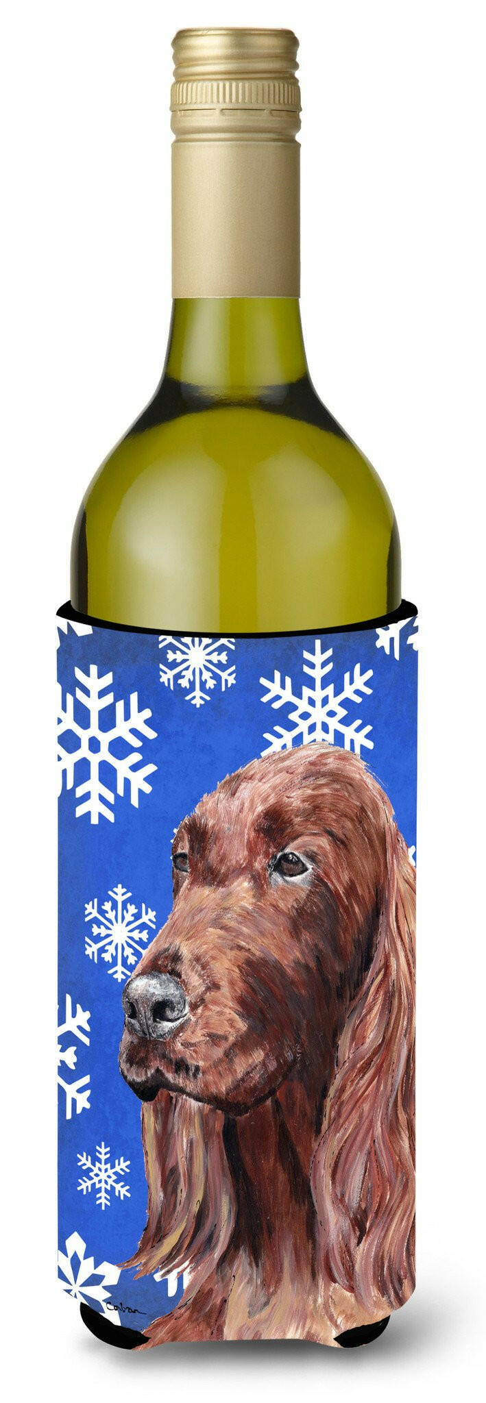 Irish Setter Blue Snowflake Winter Wine Bottle Beverage Insulator Beverage Insulator Hugger by Caroline&#39;s Treasures