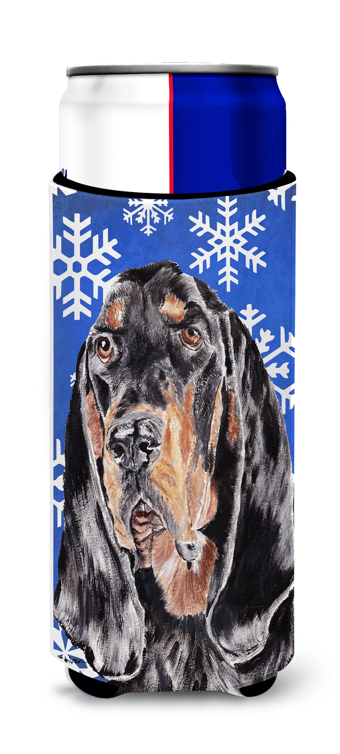 Coonhound Blue Snowflake Winter Ultra Beverage Insulators for slim cans.