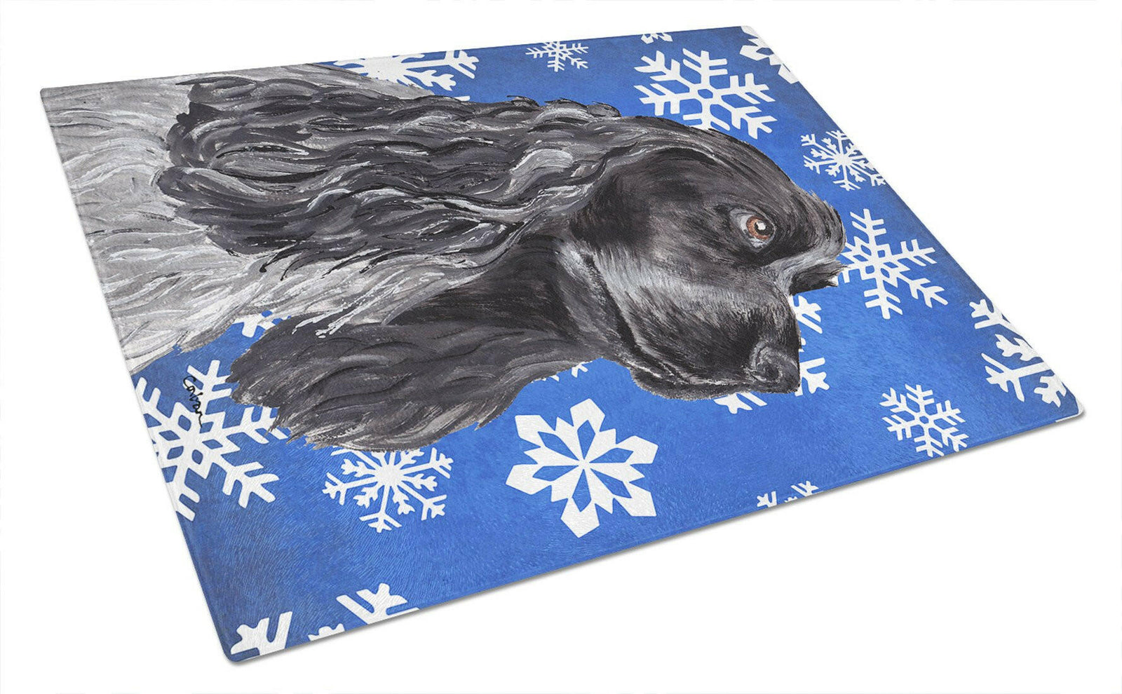 Cocker Spaniel Blue Snowflake Winter Glass Cutting Board Large by Caroline's Treasures