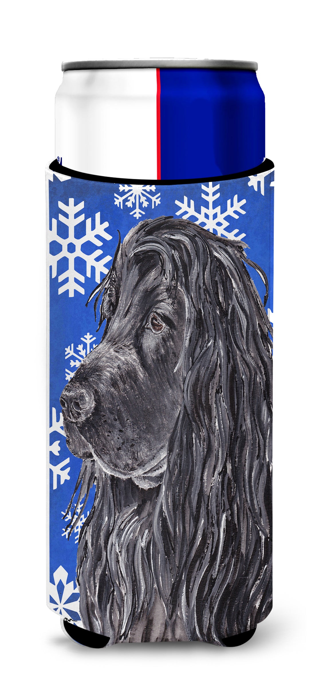 English Cocker Spaniel Blue Snowflake Winter Ultra Beverage Insulators for slim cans.