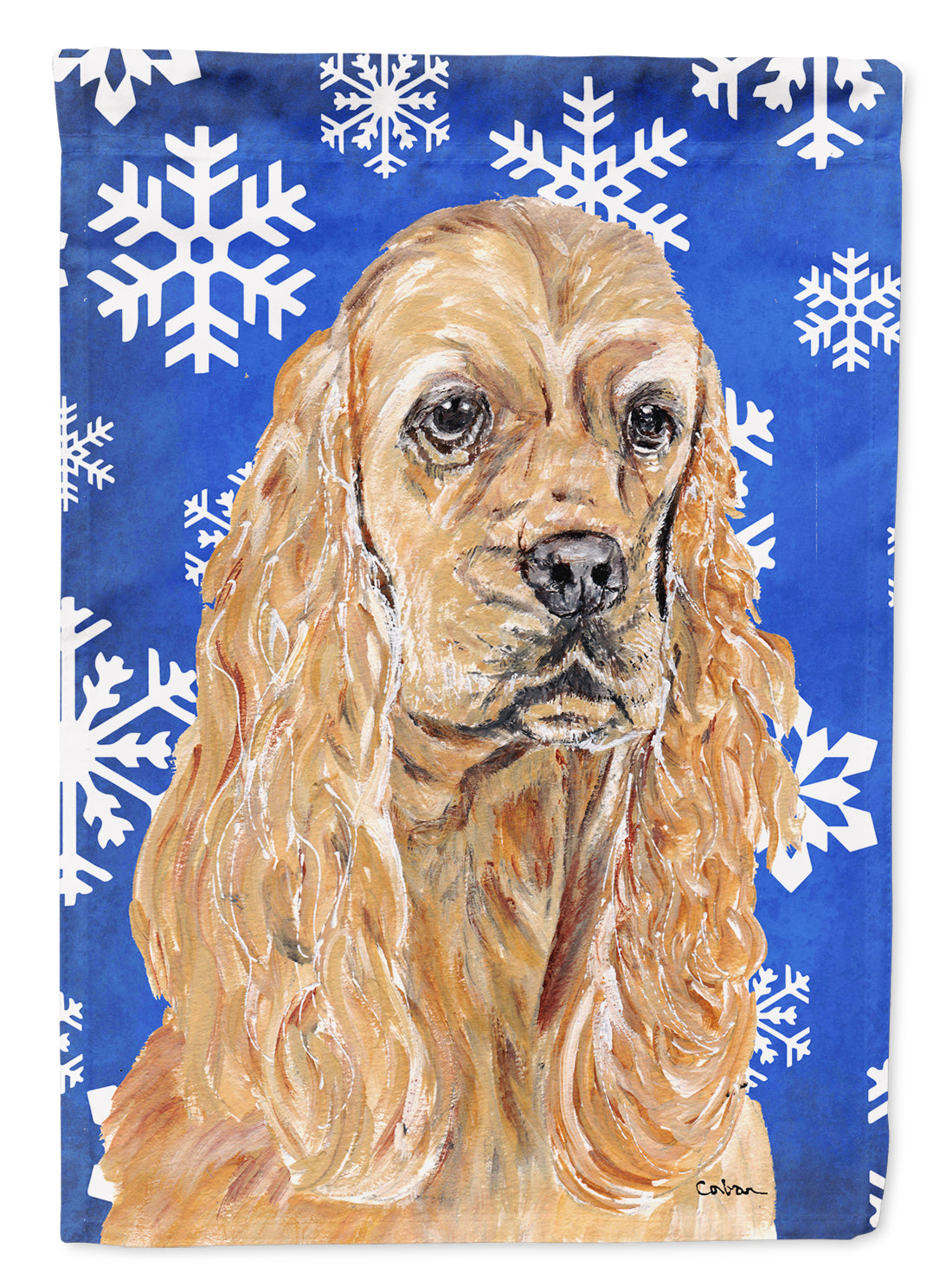 Cocker Spaniel Blue Snowflake Winter Flag Garden Size.